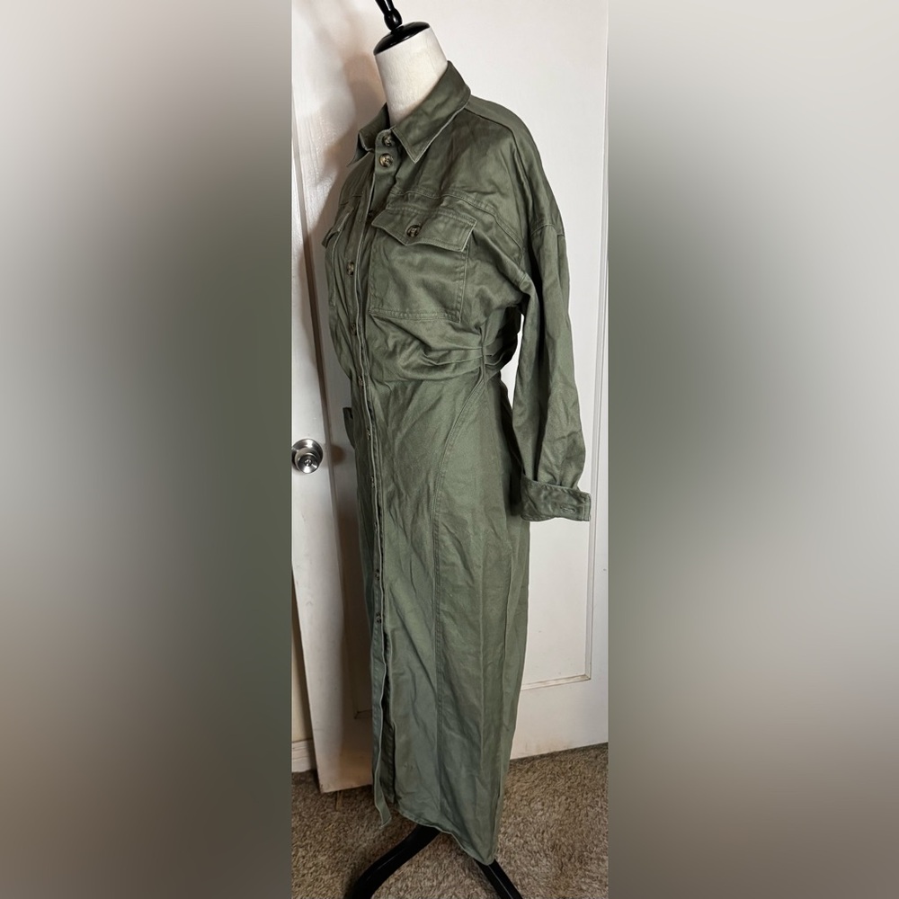 ASOS Military Green Denim Long Sleeve Utility Maxi Dress Moto rugged Button Up